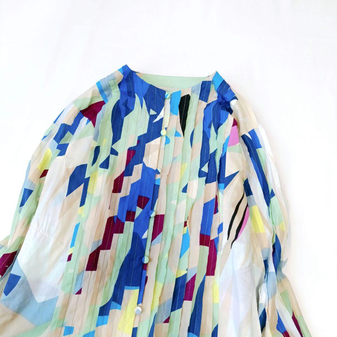 【HaaT ISSEY MIYAKE】長袖ブラウス　プリーツ　総柄　コットン　M