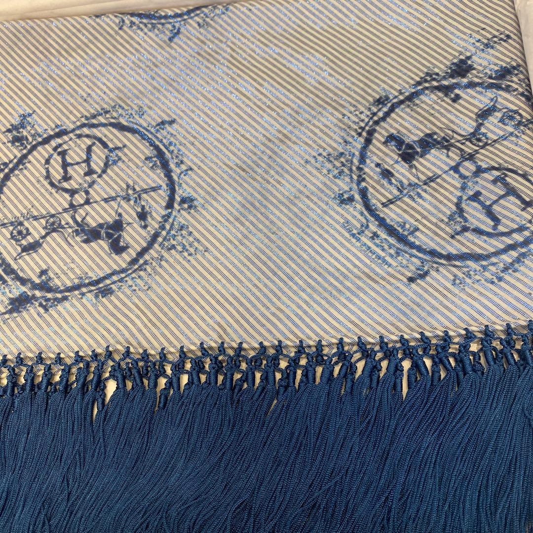 エルメス　HERMES　ショール　ストール　ブルー　フリンジ　 12