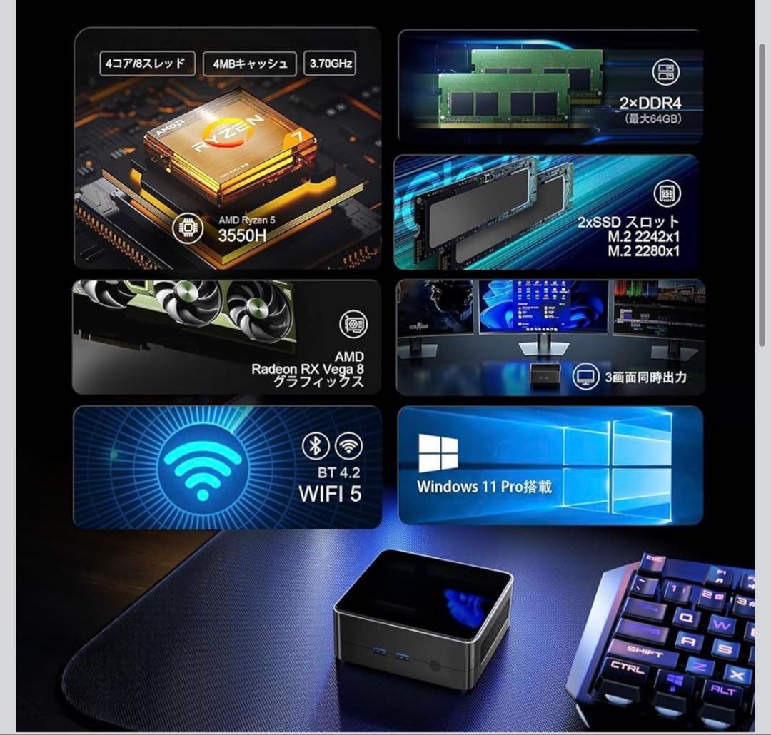 ミニPC AMD Ryzen 5 3550H 4コア8スレッド 16GB 3画面