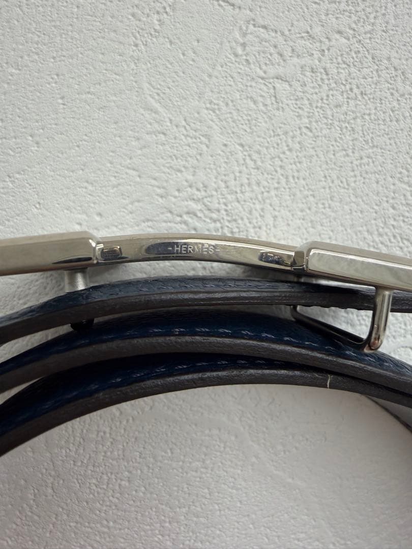 HERMES ネイビー レザー Hバックルベルト
