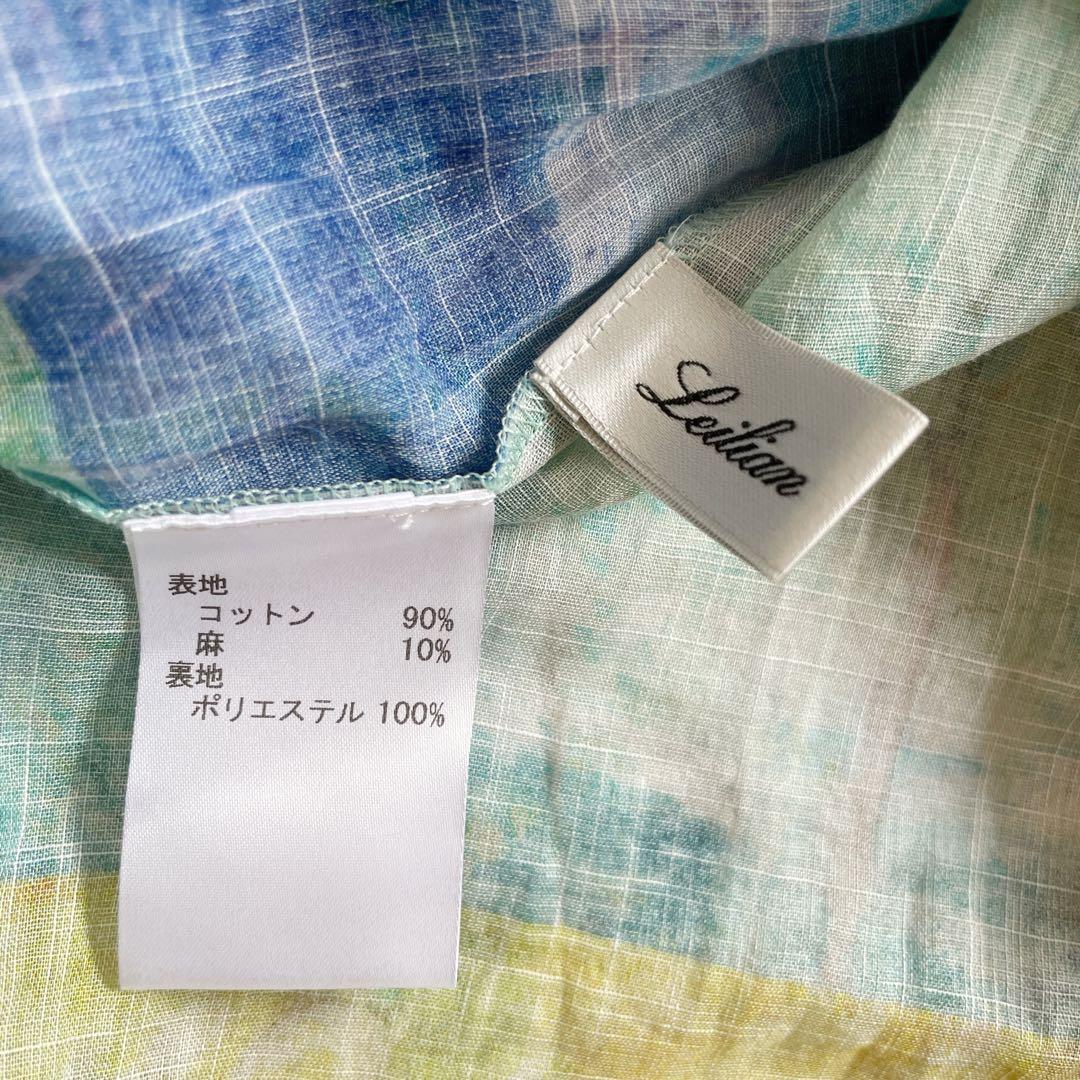 現行　レリアン　ブラウス　11号　シアー素材　バンドカラー　パッチワーク風　綿麻