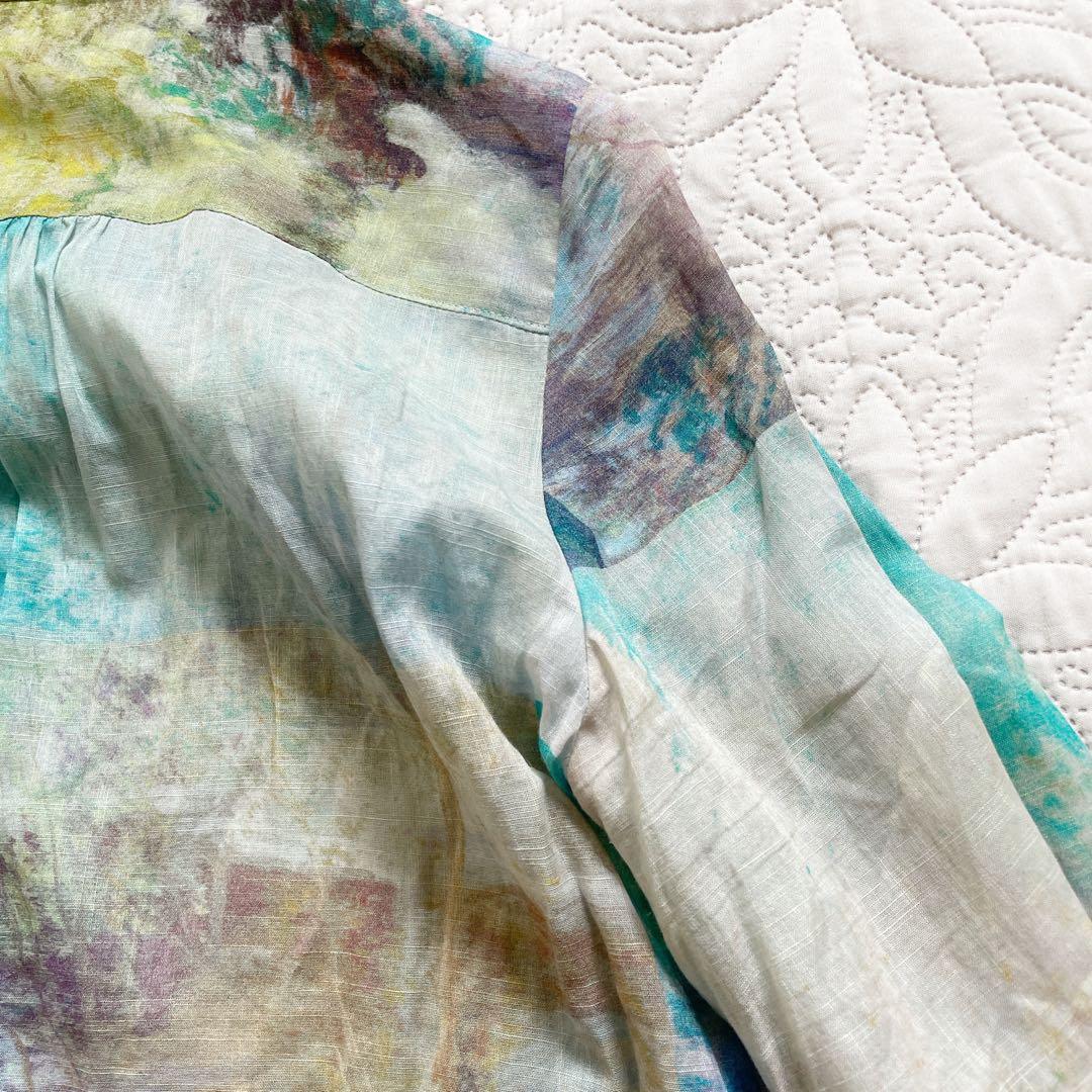 現行　レリアン　ブラウス　11号　シアー素材　バンドカラー　パッチワーク風　綿麻