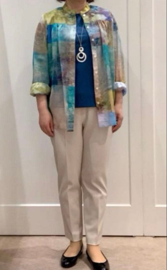 現行　レリアン　ブラウス　11号　シアー素材　バンドカラー　パッチワーク風　綿麻