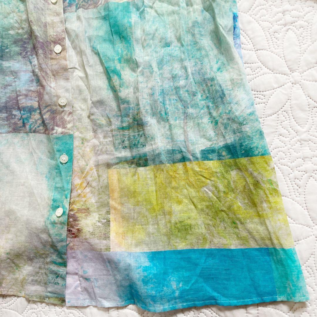 現行　レリアン　ブラウス　11号　シアー素材　バンドカラー　パッチワーク風　綿麻