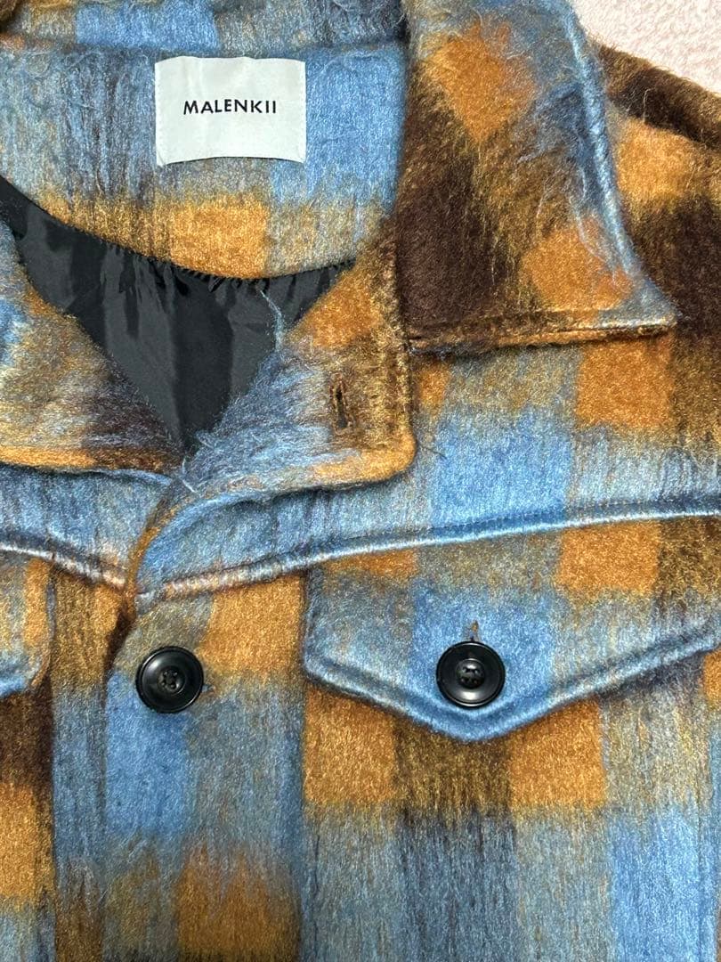 腰*痛様 MALENKII シャギーオンブレチェックアウター 水色×ブラウン 短