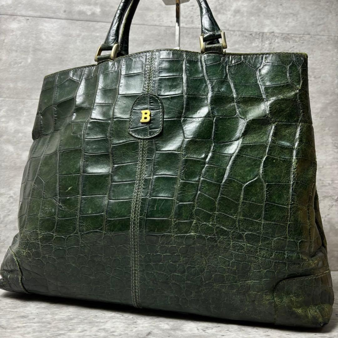 希少 BALLY トートバッグ クロコ型押し 肩掛け可能 メンズ グリーン