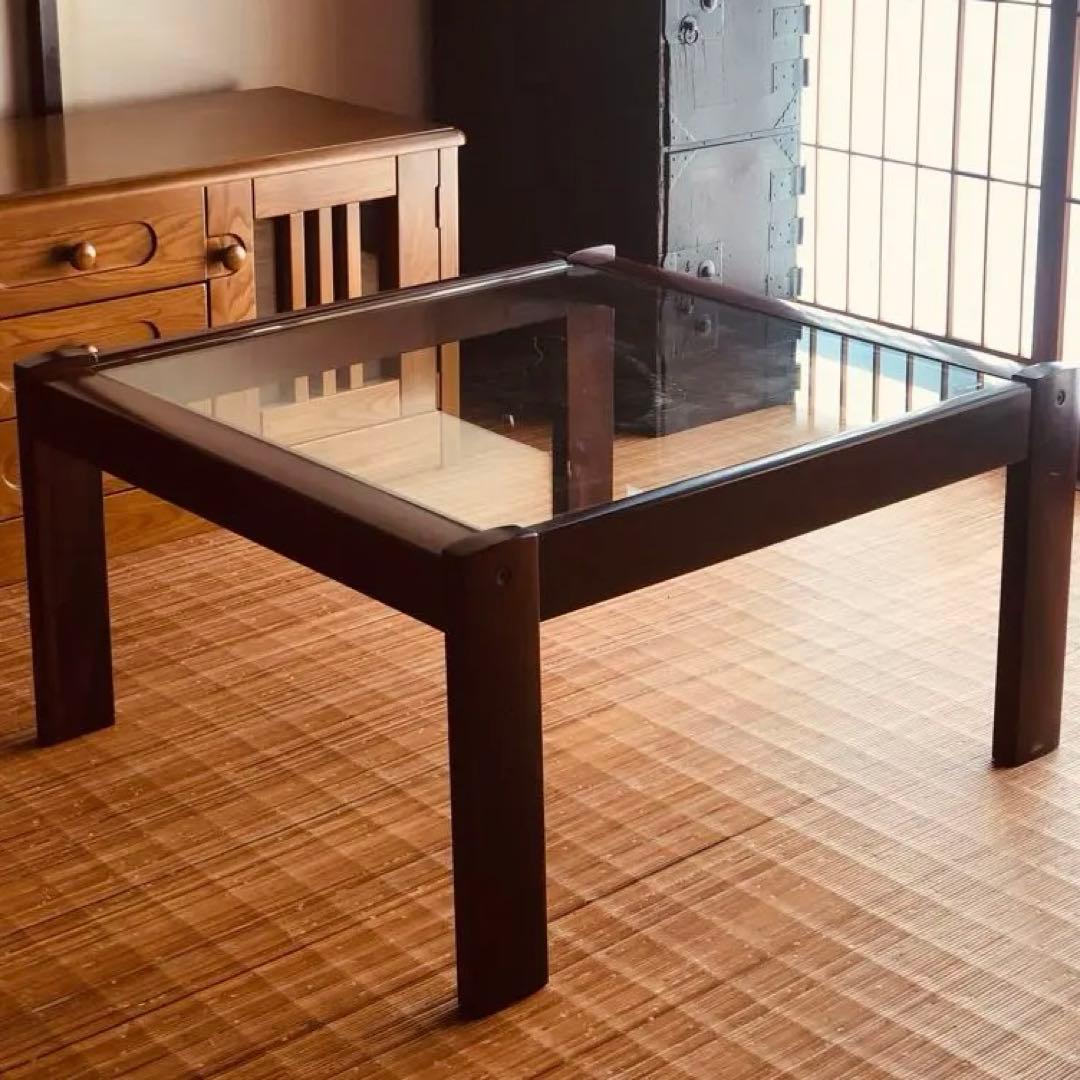 カリモク家具 希少オールド ガラステーブル／ローテーブル／昭和レトロ モダン