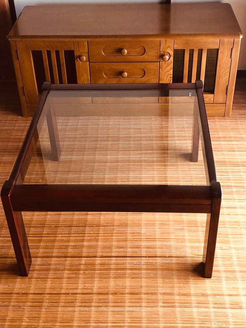 カリモク家具 希少オールド ガラステーブル／ローテーブル／昭和レトロ モダン