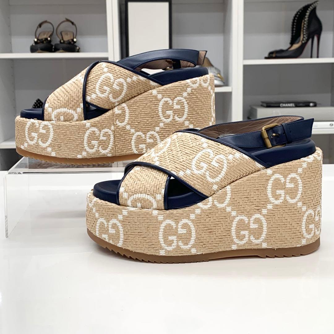 グッチ レザー ストロー GG ウェッジソール 厚底 サンダル バイカラー