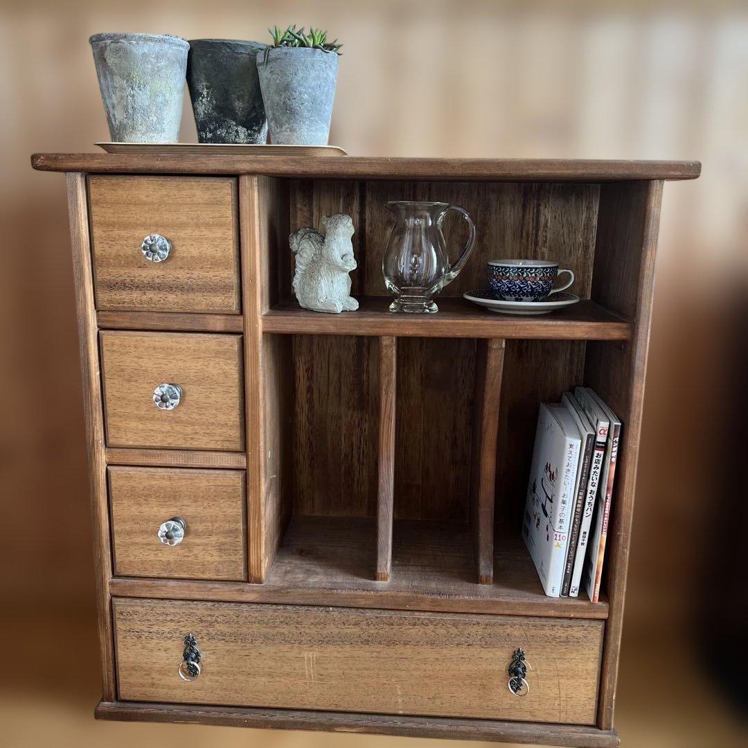 【古道具】薄型木製ラック 引き出し付き