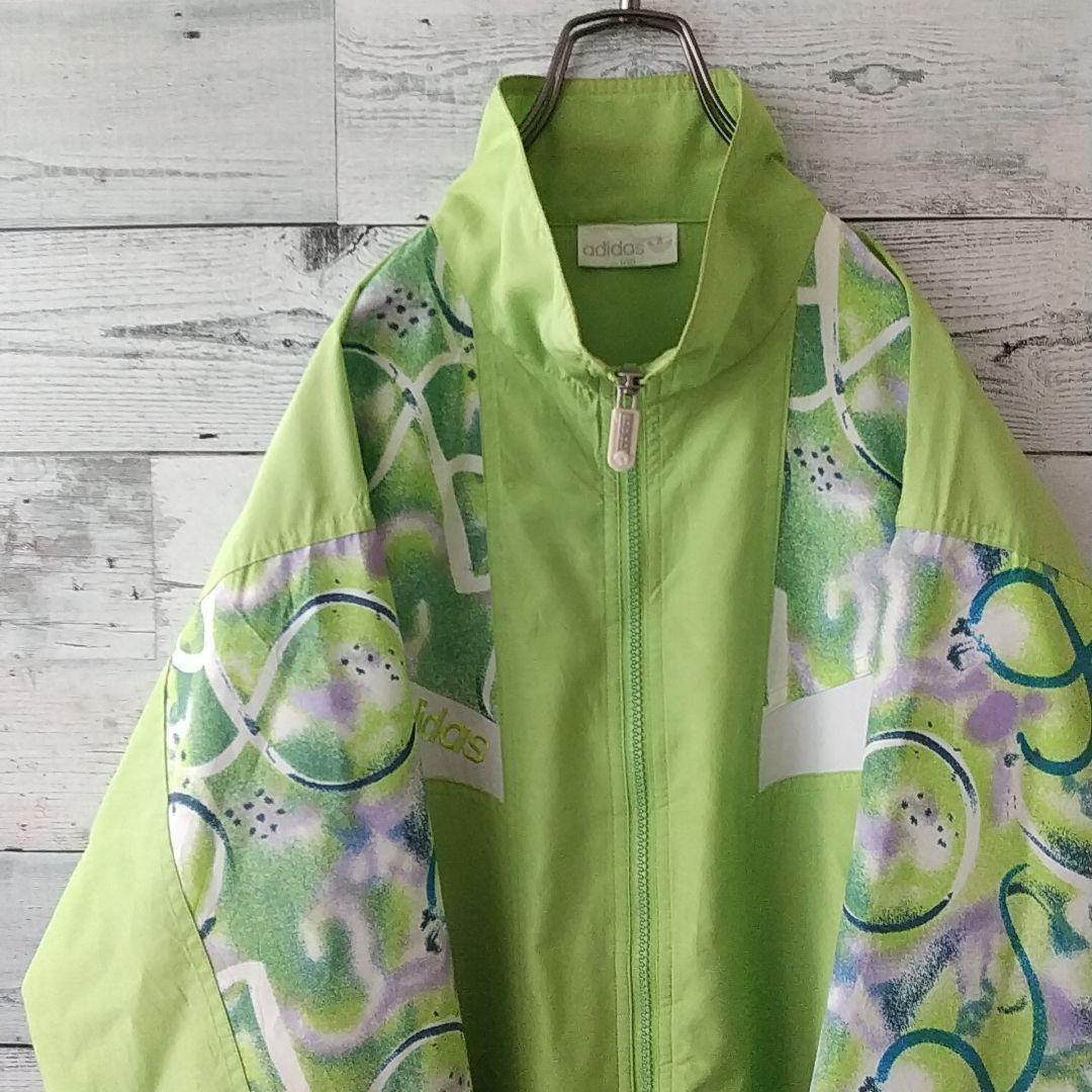 希少☆90s アディダス 刺繍ロゴ アート 切替 ナイロンジャケット L 緑