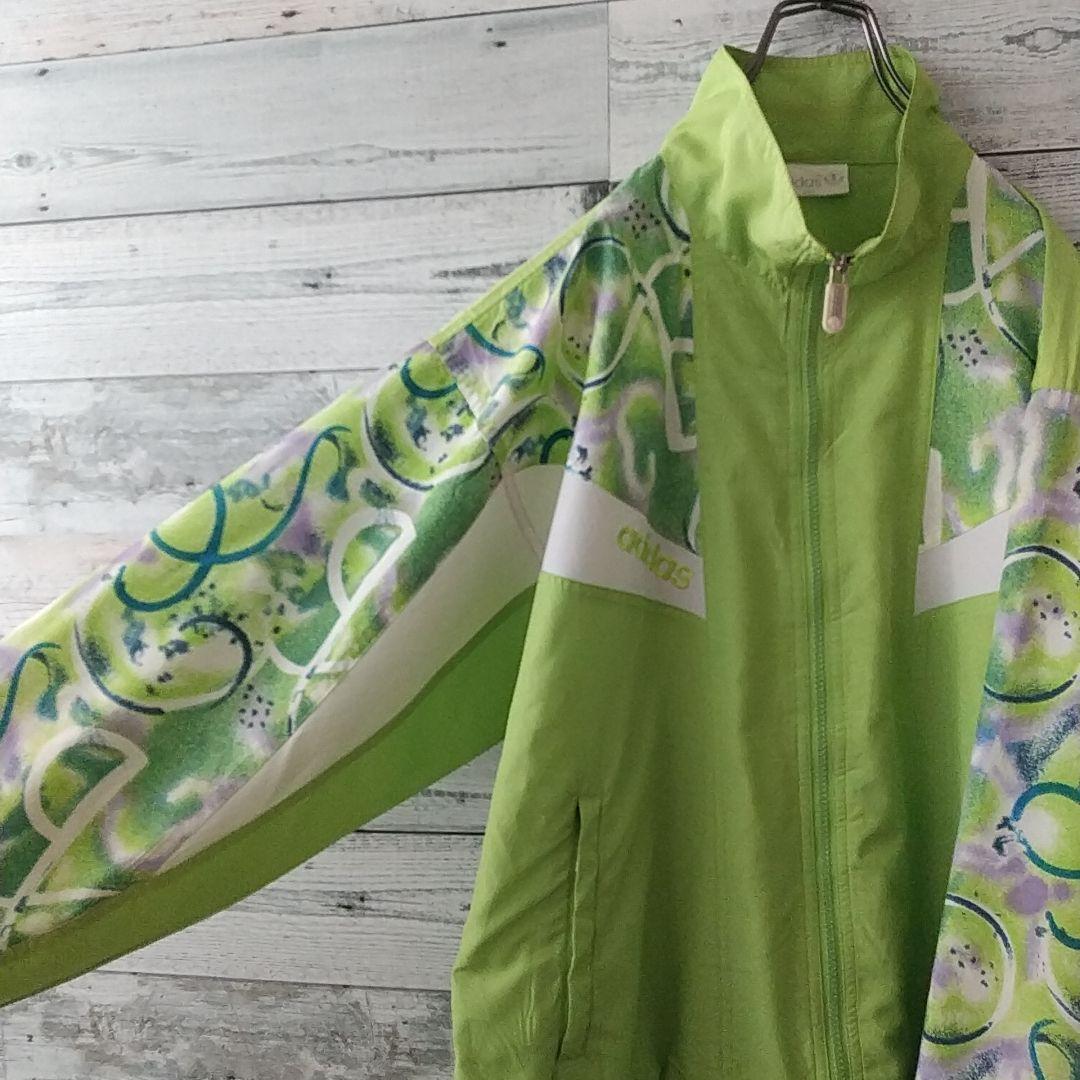 希少☆90s アディダス 刺繍ロゴ アート 切替 ナイロンジャケット L 緑