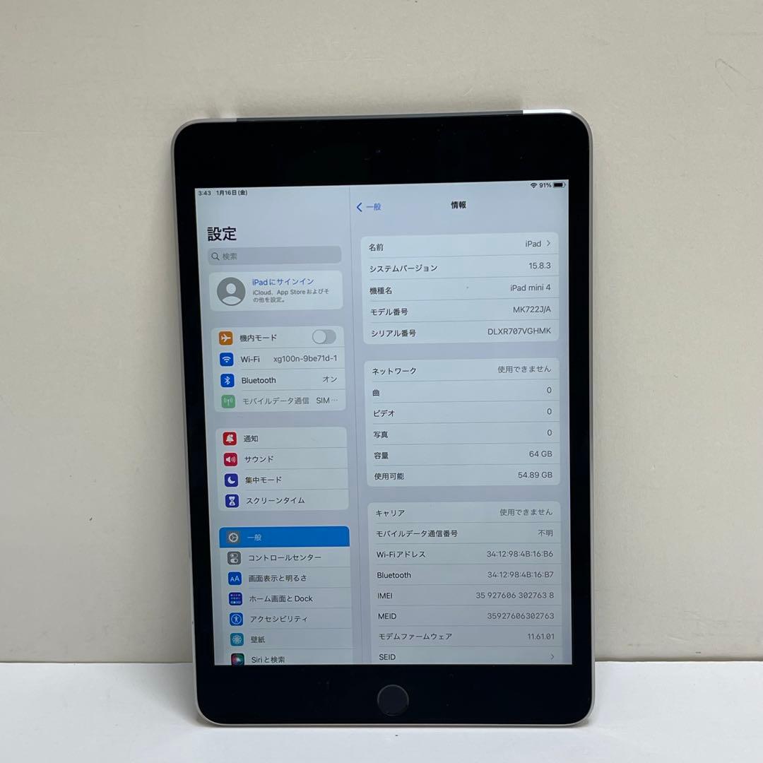 iPad Mini 第4世代 64GB Wi-Fi + Cellular 99%