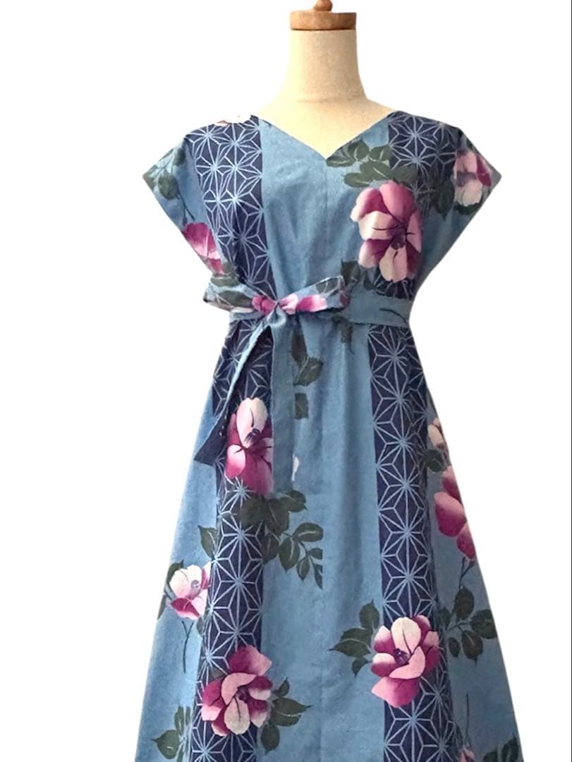 6Y42-12浴衣リメイクワンピース　ハンドメイド　ロング　マキシ　新品反物