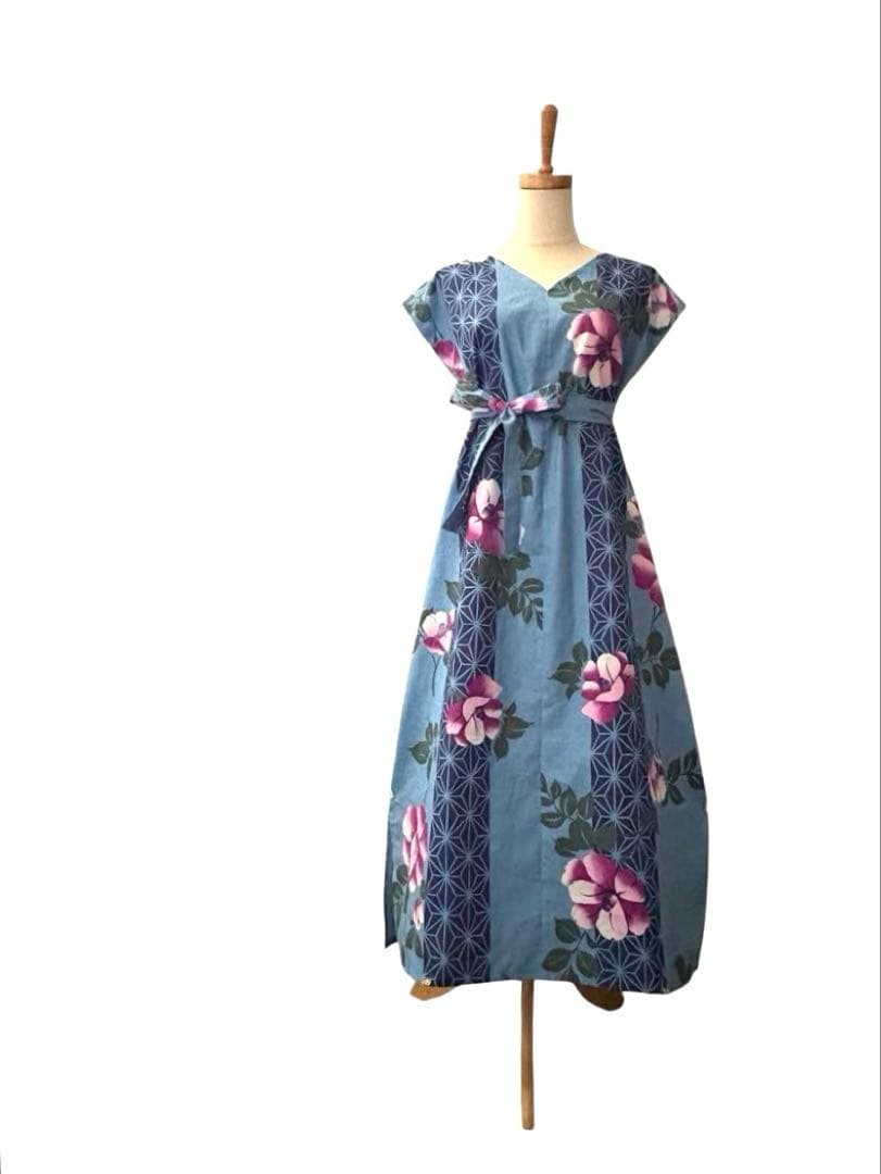 6Y42-12浴衣リメイクワンピース　ハンドメイド　ロング　マキシ　新品反物