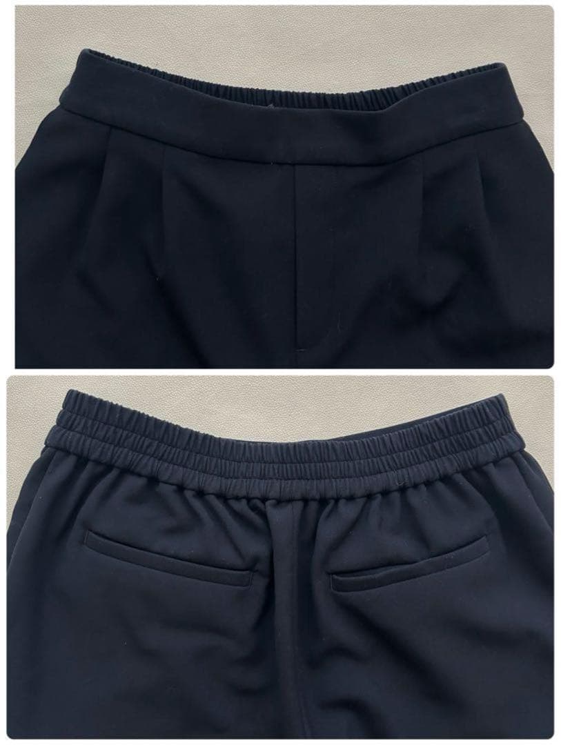 444GLRストレッチノーカラージャケットテーパードパンツスーツWクロス38紺