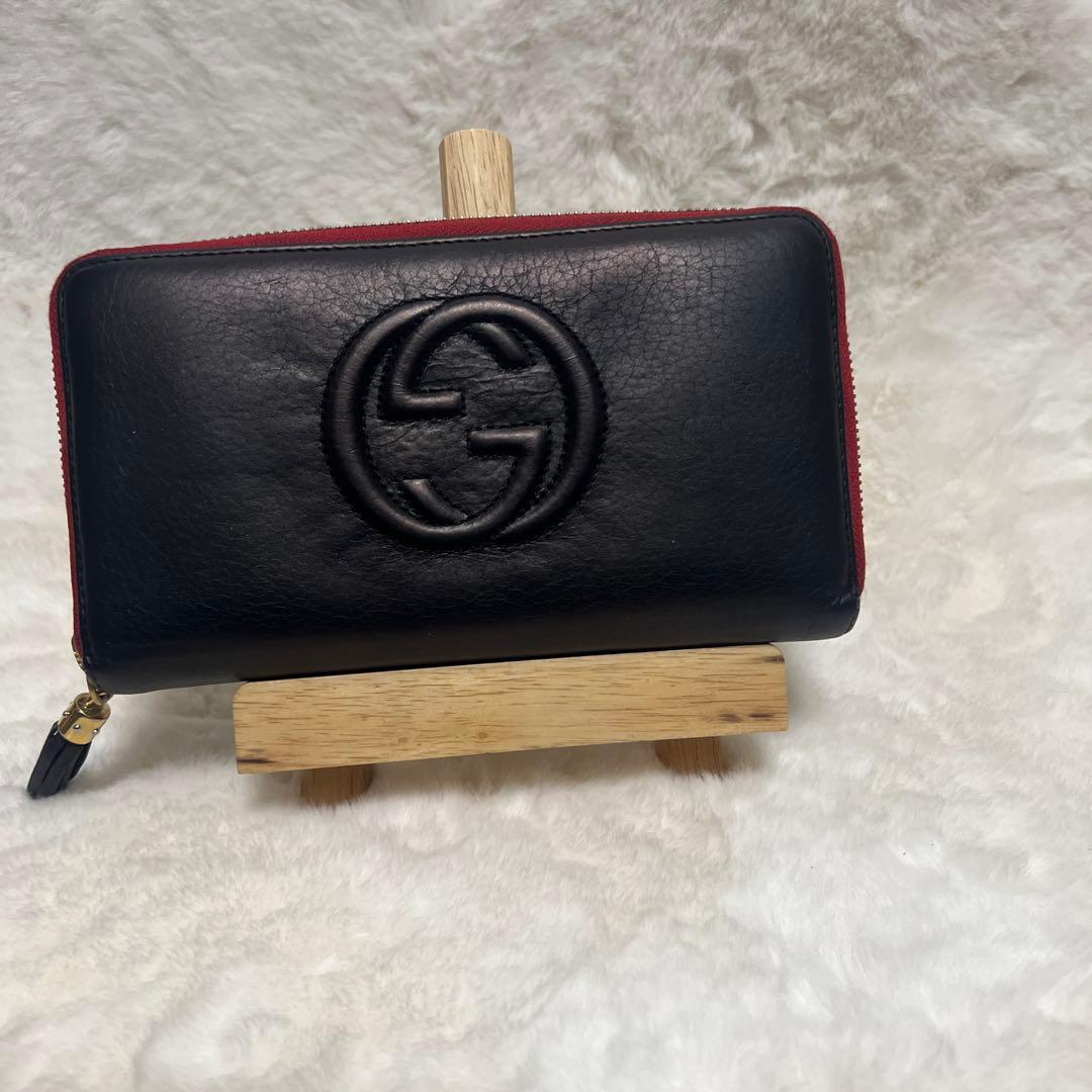 極美品 GUCCI ソーホー ラウンドファスナー 長財布 黒赤