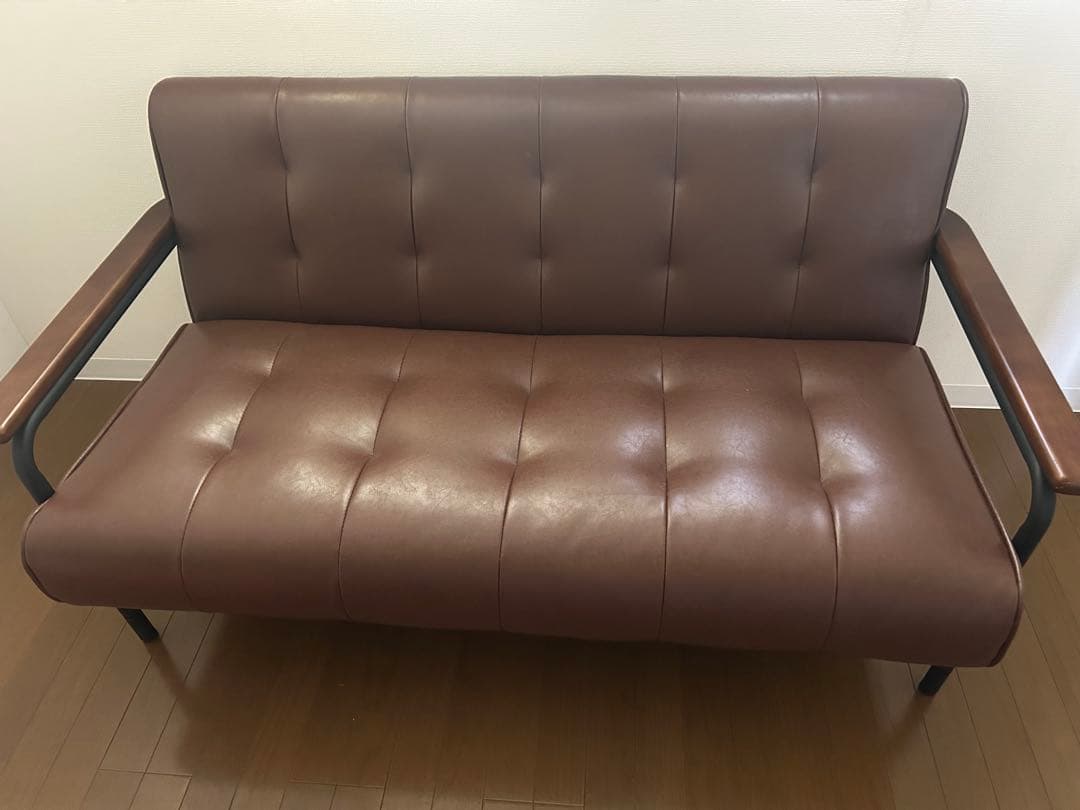 美品】2人掛けブラウン合成皮革ソファ