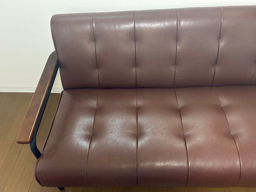 美品】2人掛けブラウン合成皮革ソファ