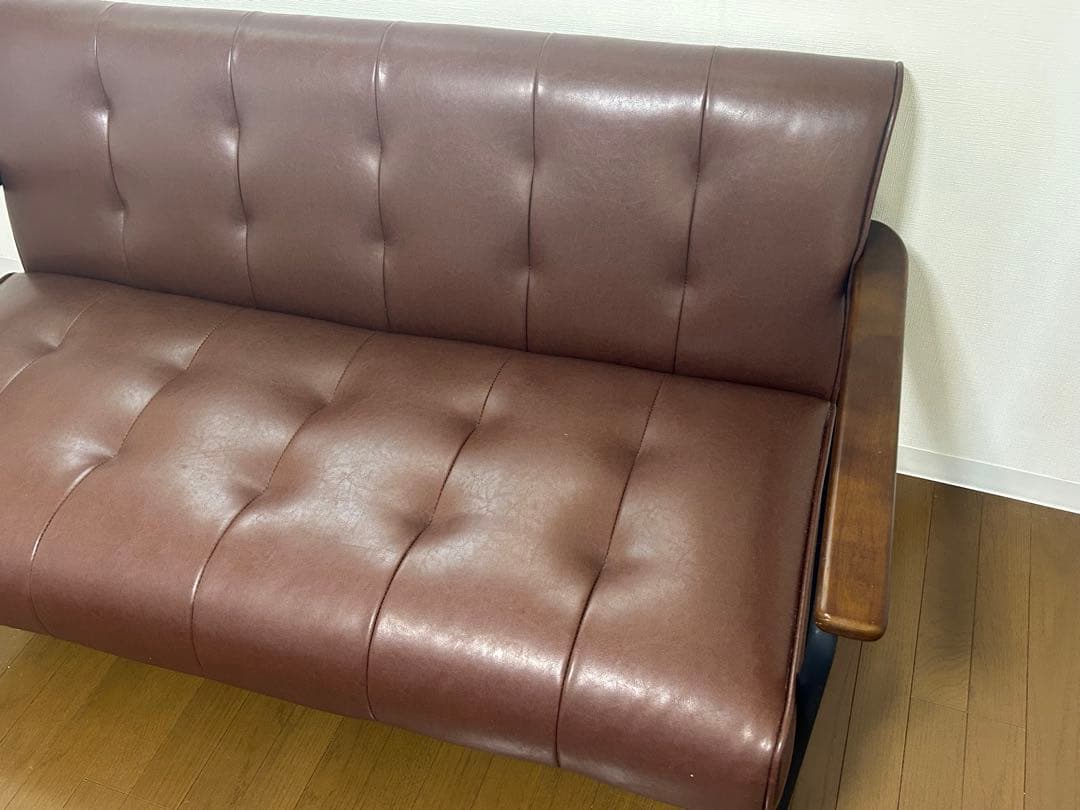 美品】2人掛けブラウン合成皮革ソファ