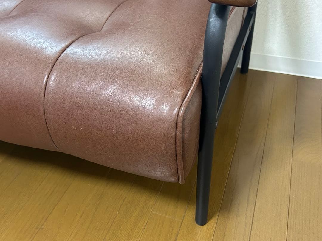 美品】2人掛けブラウン合成皮革ソファ