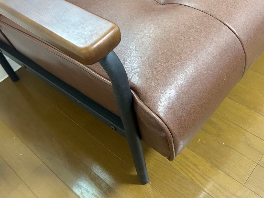 美品】2人掛けブラウン合成皮革ソファ