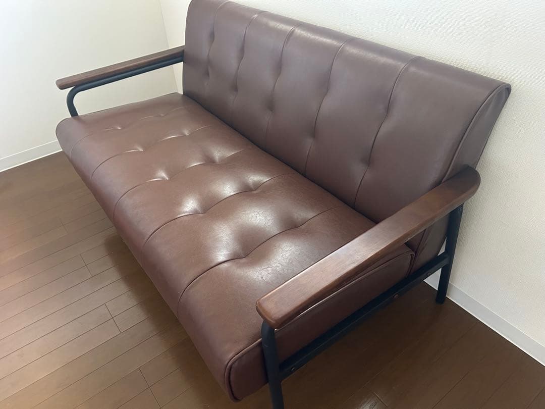 美品】2人掛けブラウン合成皮革ソファ