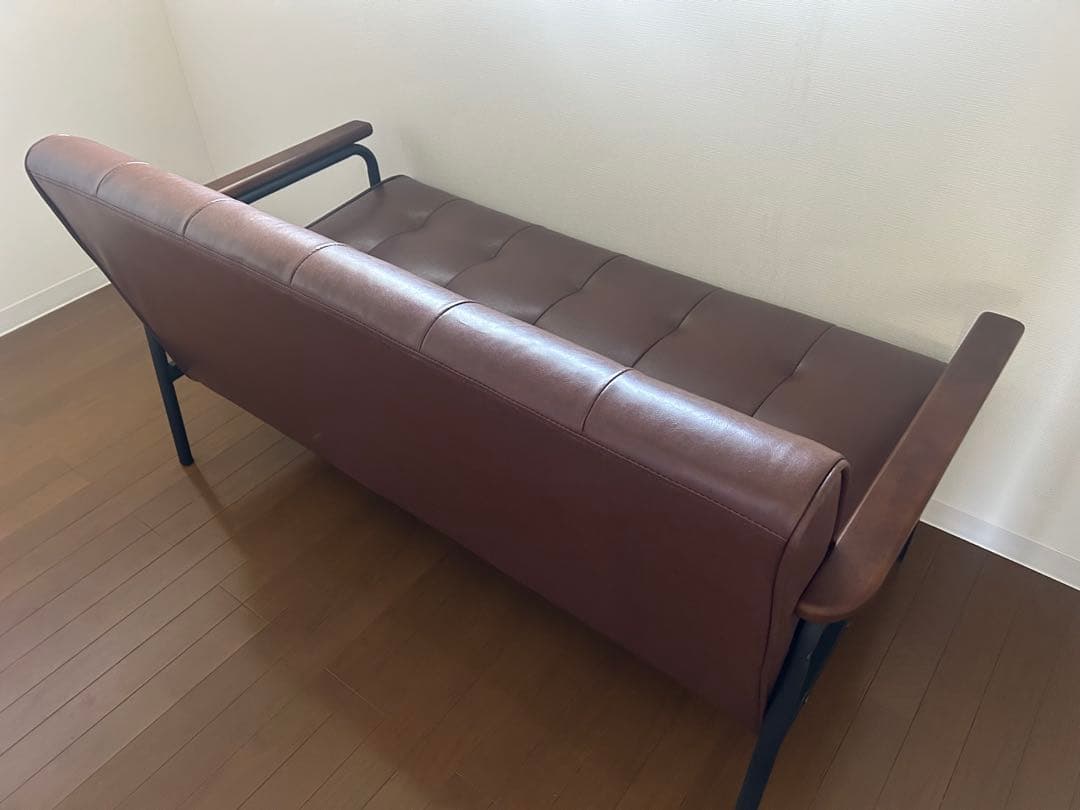 美品】2人掛けブラウン合成皮革ソファ