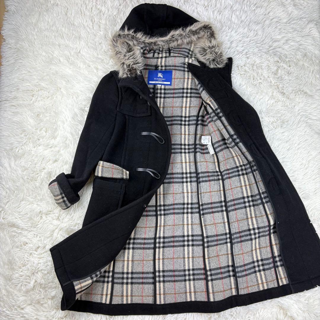 【美品】バーバリーブルーレーベル　ダッフルコート　ノバチェック　黒　ファー　S
