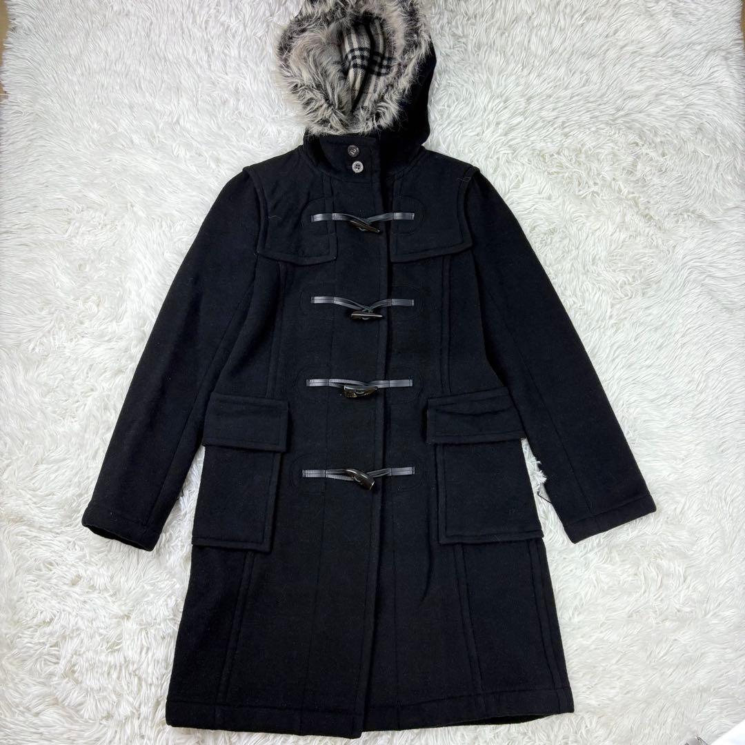 【美品】バーバリーブルーレーベル　ダッフルコート　ノバチェック　黒　ファー　S