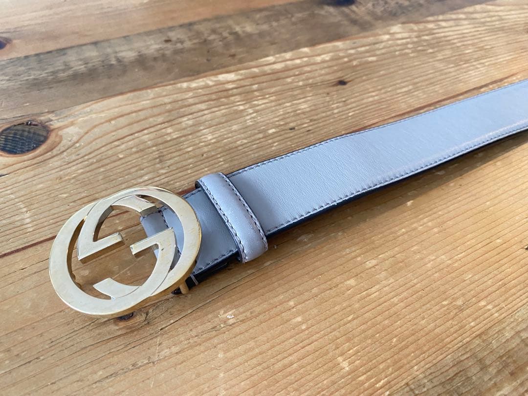 GUCCI グレー レザー ベルト ダブルGロゴ
