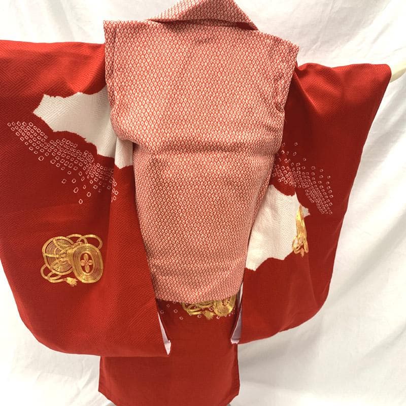 509ag37■七五三 三歳 部分絞着り 着物&お召被布&長襦袢 金駒刺繍■