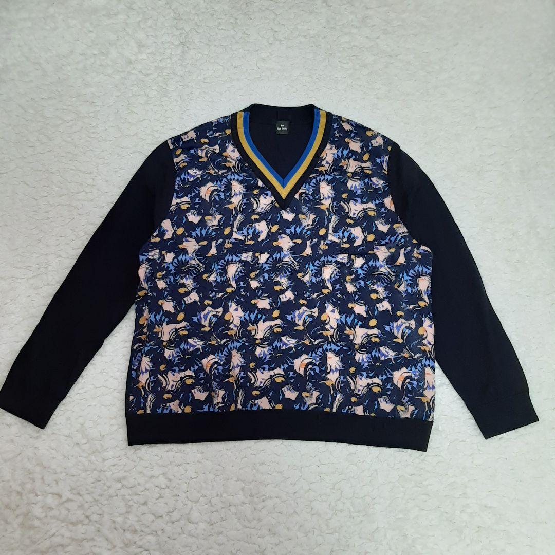 美品　PS ポールスミス Vネック セーター ネイビー　XL　花柄　薄手