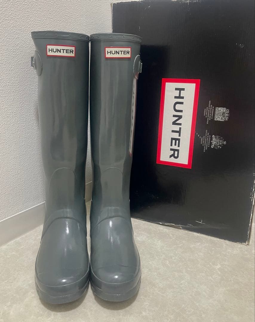 HUNTER グレー ロングブーツ レインブーツ　長靴　バックル付き　25cm