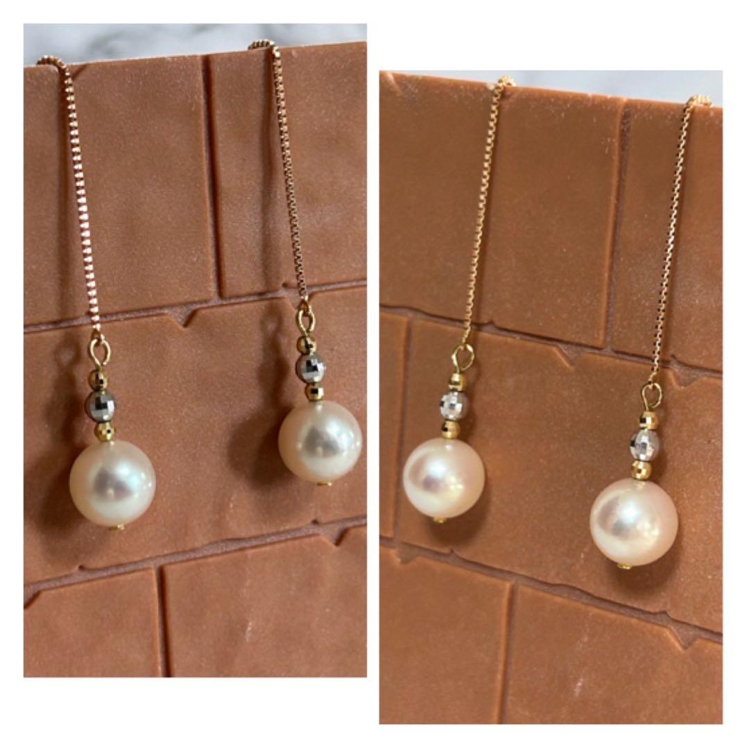 (M0111-2)K18アコヤ花珠真珠3ゴールドアメリカンピアス