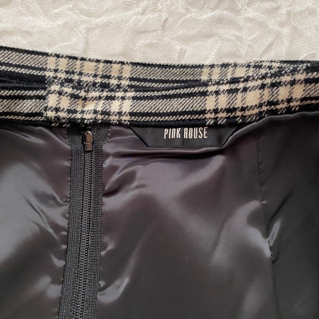 ピンクハウス　ウール　バックティアードスカート　チェック　リボン　黒