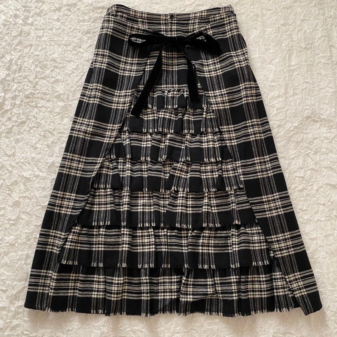 ピンクハウス　ウール　バックティアードスカート　チェック　リボン　黒