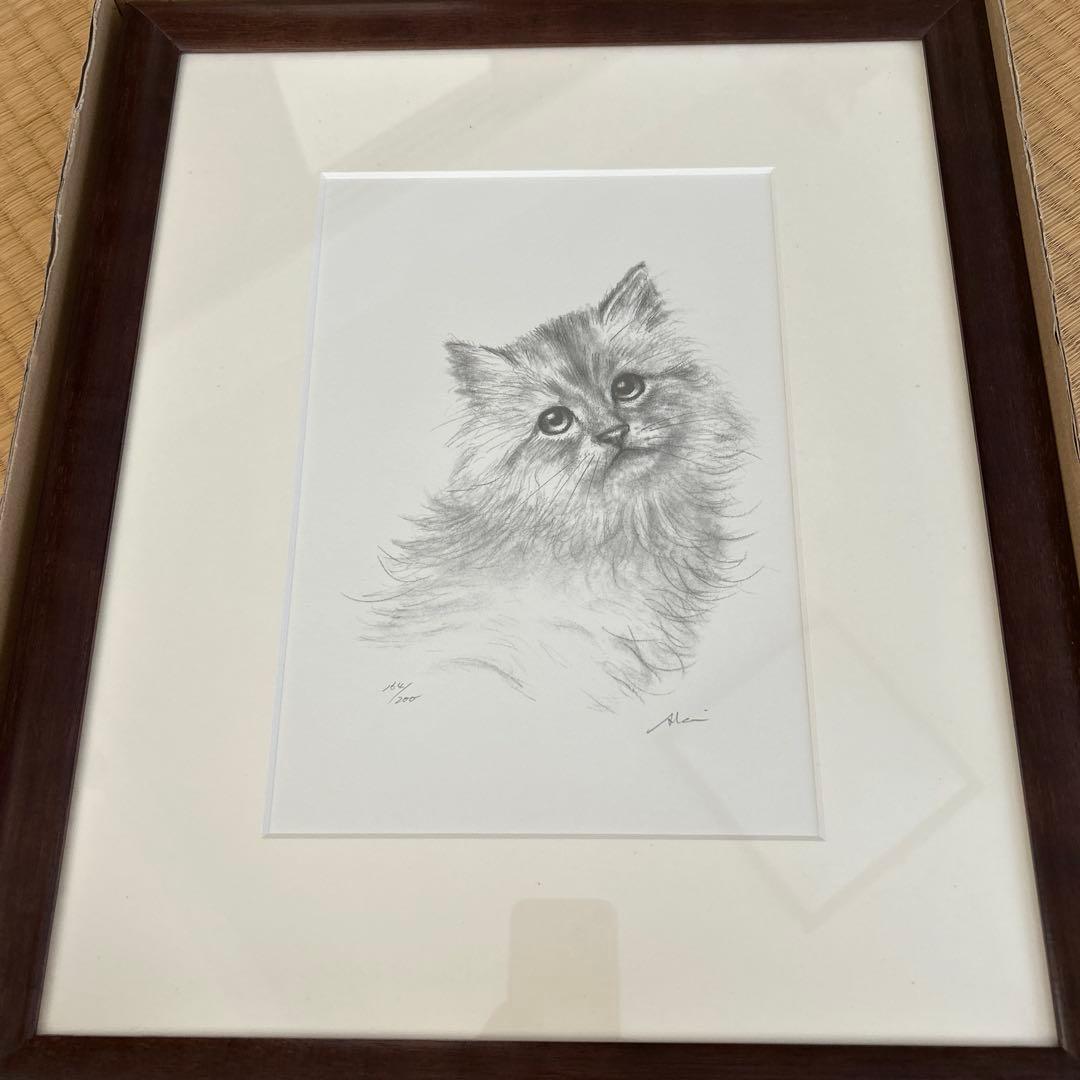 猫の鉛筆画 八代亜紀作 木製フレーム付き