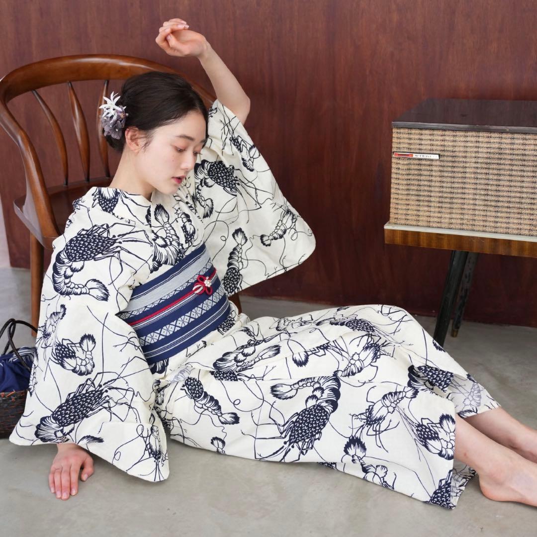 ニコアンティークオリジナル　国内染色 古典柄レトロ　伊勢海老　浴衣　花火大会