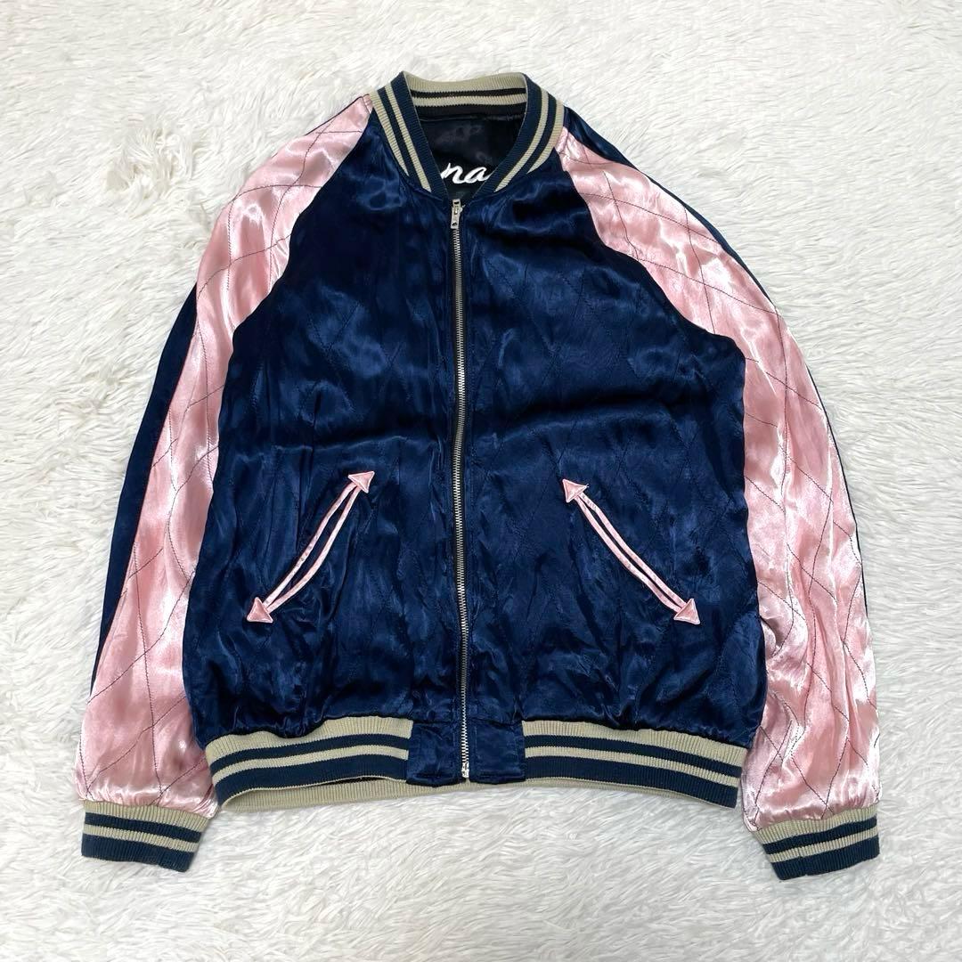 希少 イオラニ スカジャン L 虎 桜 刺繍 リバーシブル 黒 紺 和柄 古着