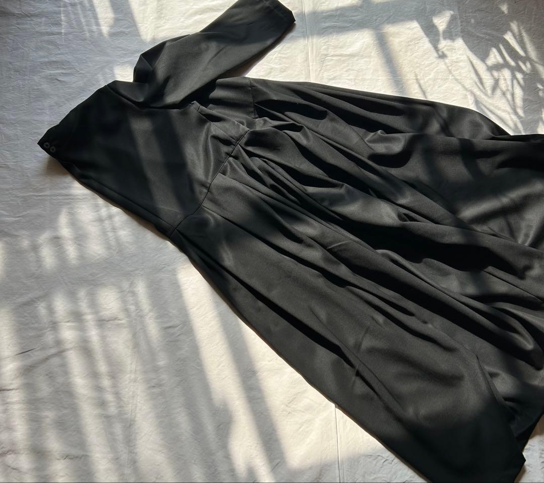 【プーラページ】高級ブラックwoolフォーマル対応ワンピース