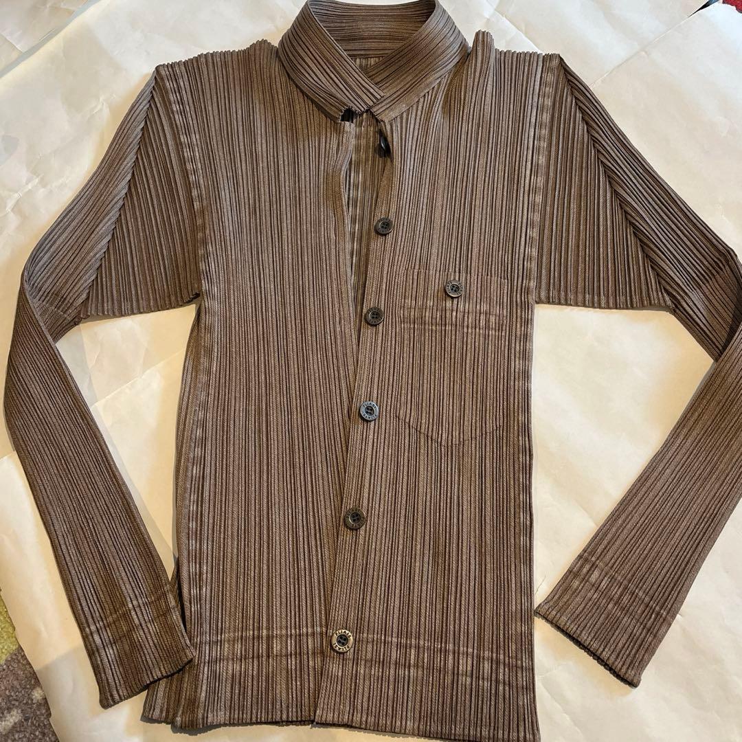 PLEATS PLEASE ストライプカーディガン ブラウン　イッセイミヤケ