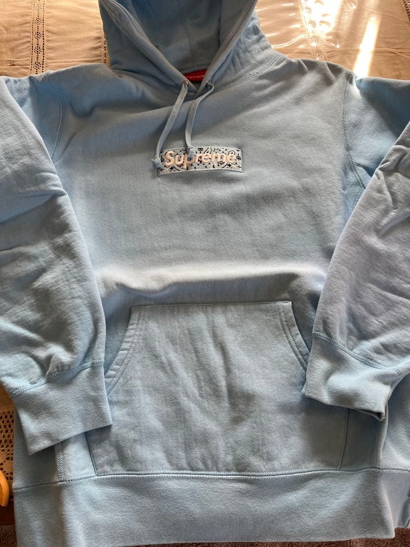 supreme 希少19s BOXロゴ刺繍パーカー　ライトブルー