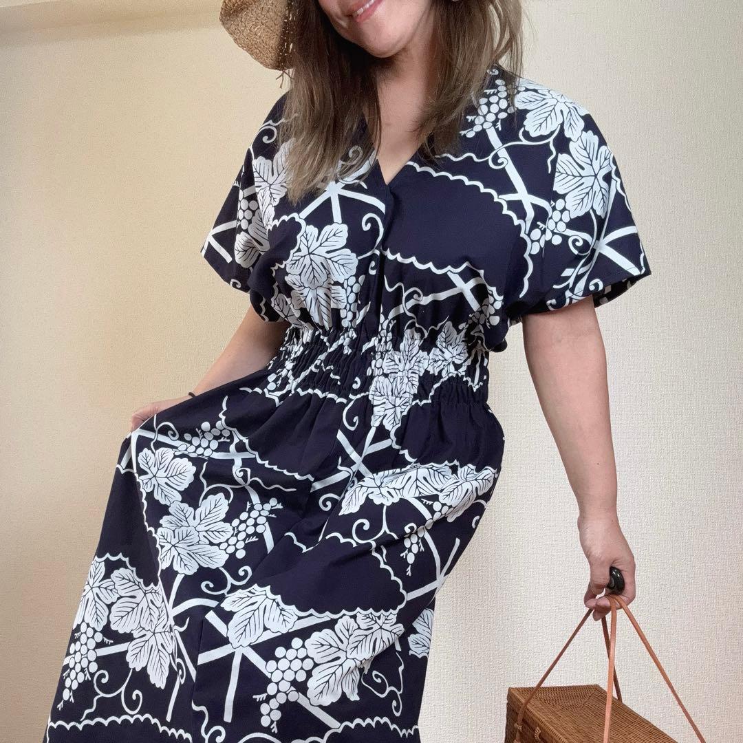 竺仙　浴衣　リメイク　コーマ地　ワンピース ハンドメイド　ロング　紺　葡萄