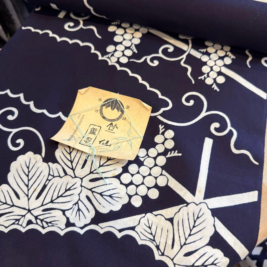 竺仙　浴衣　リメイク　コーマ地　ワンピース ハンドメイド　ロング　紺　葡萄