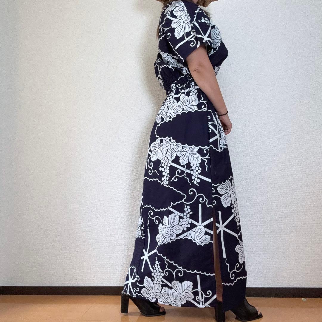 竺仙　浴衣　リメイク　コーマ地　ワンピース ハンドメイド　ロング　紺　葡萄