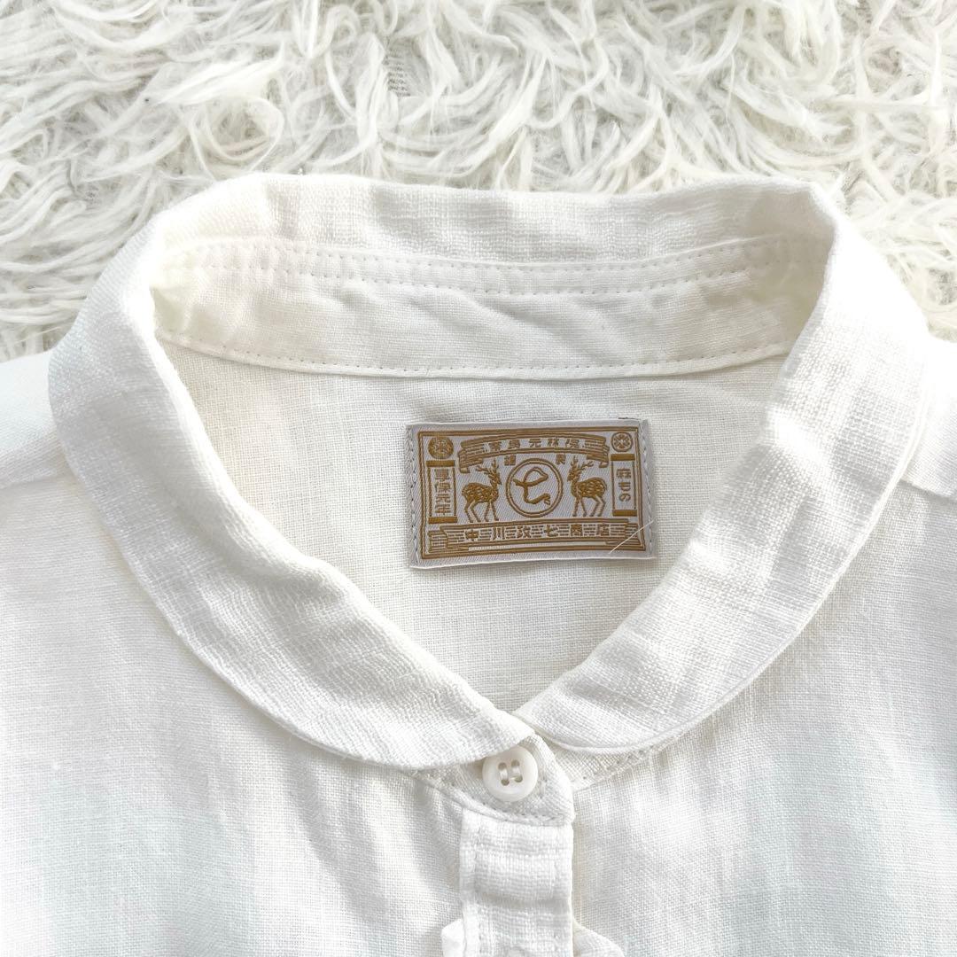 中川政七商店 手織り麻を使ったフリルシャツ ホワイト 丸襟 リネン 麻