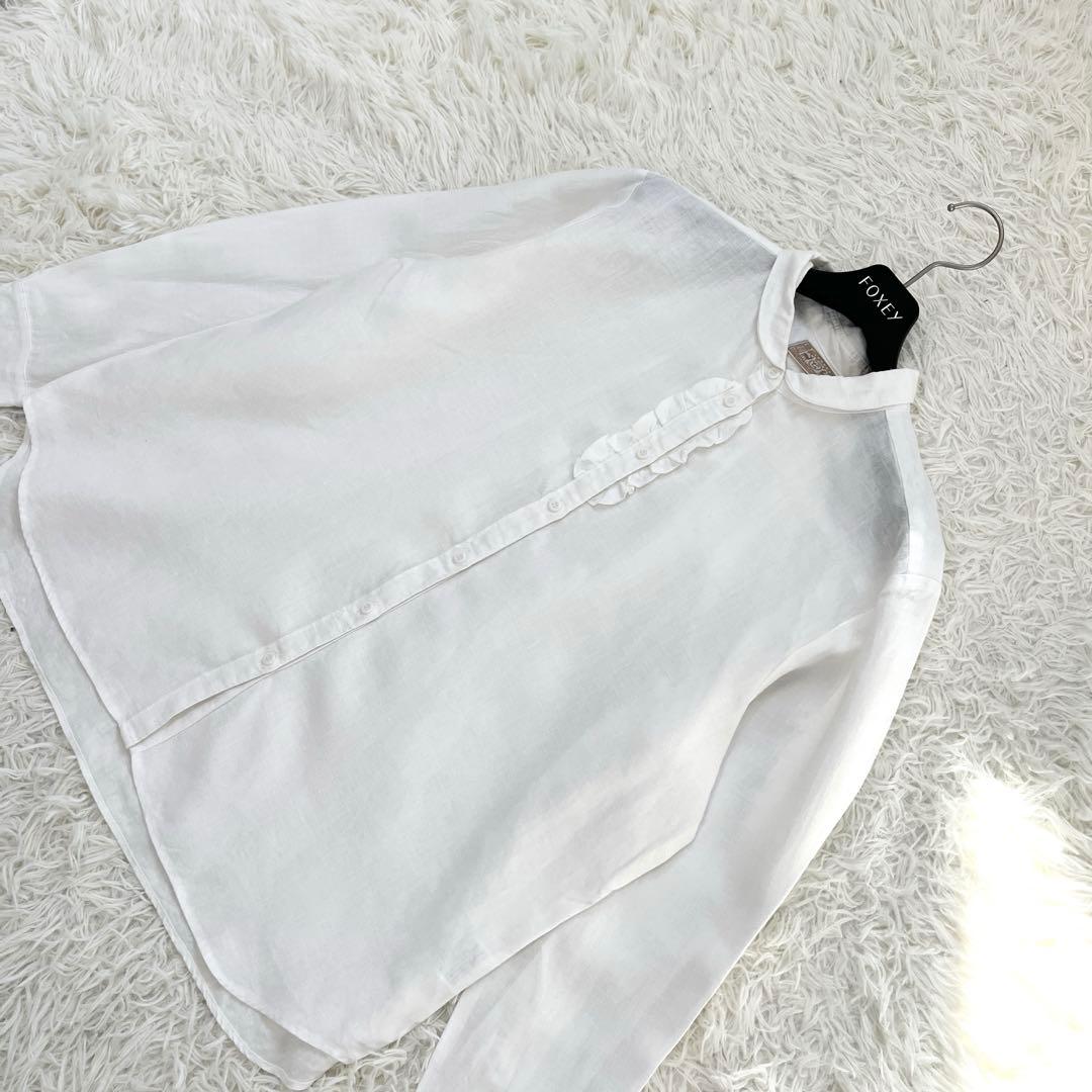 中川政七商店 手織り麻を使ったフリルシャツ ホワイト 丸襟 リネン 麻