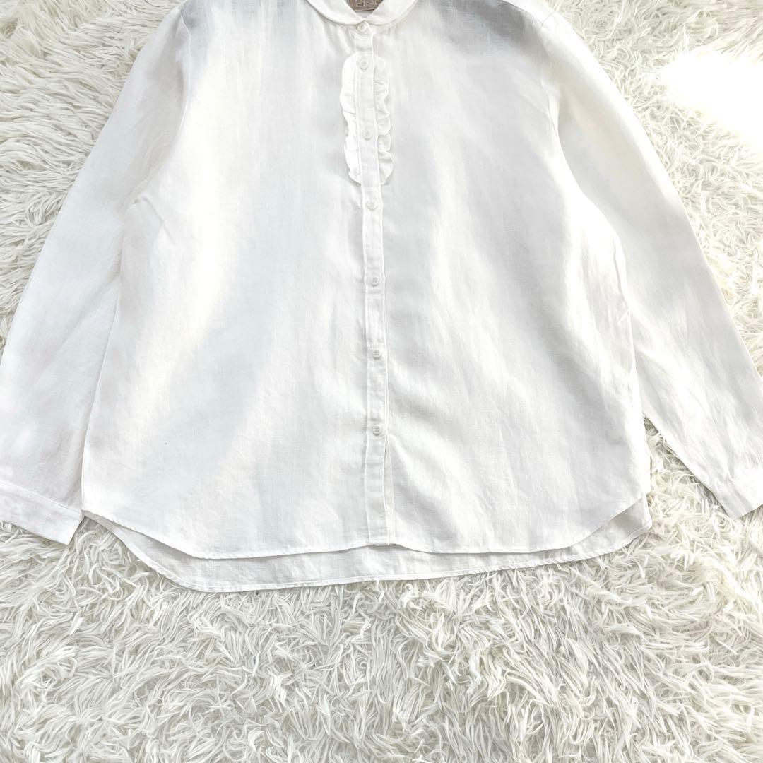 中川政七商店 手織り麻を使ったフリルシャツ ホワイト 丸襟 リネン 麻
