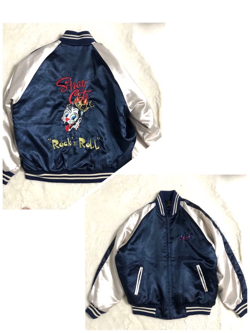 美品 スカジャン STRAY CATS ブルー×ゴールド 大きいサイズ　L